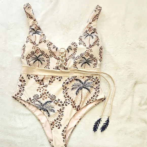 NWT Cosita Linda Elegant Palm Print One-Piece Swimsuit:Tan/brown/navy: Size- Med - Picture 1 of 13